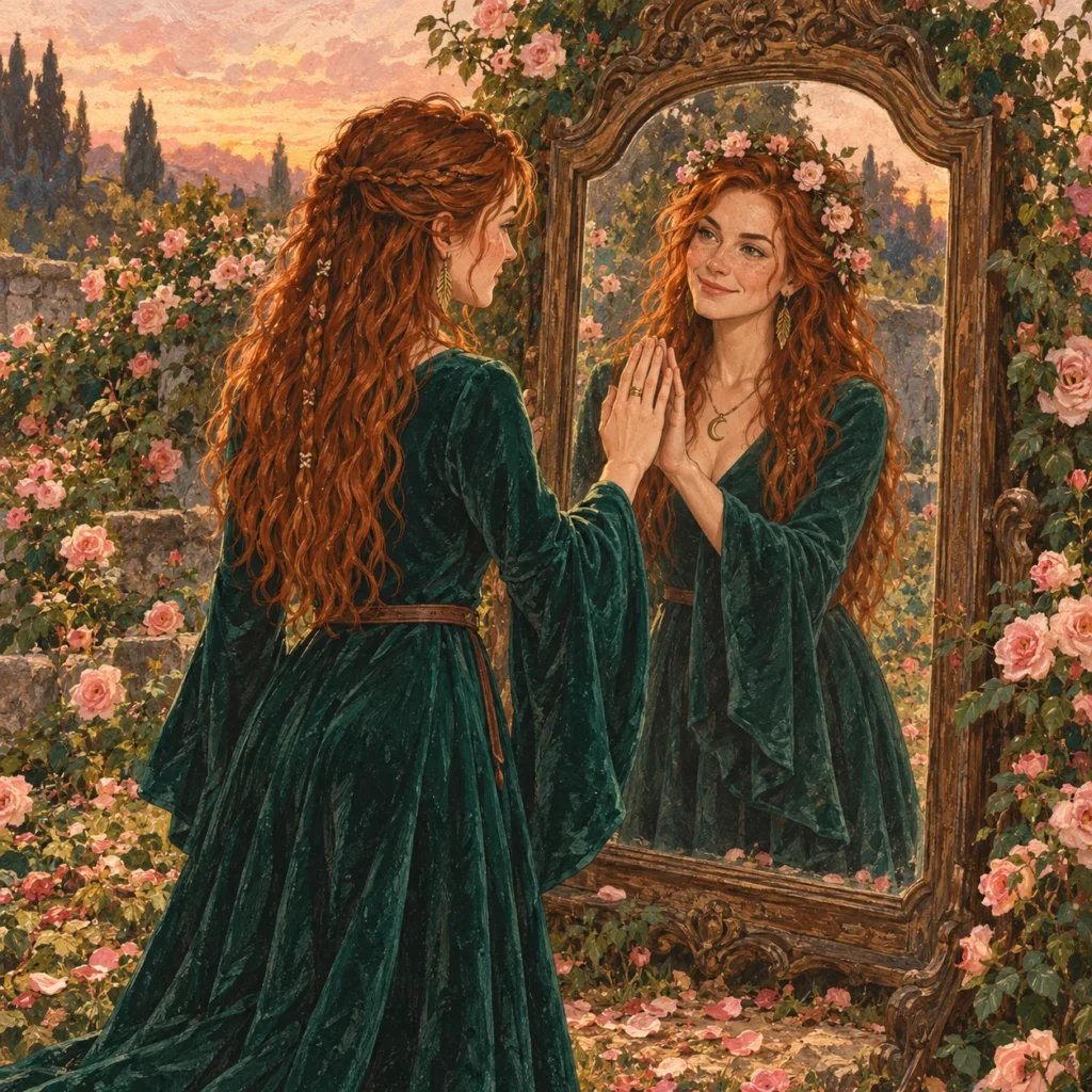 Rose, en robe de velours vert, se regarde avec douceur dans un miroir ancien au milieu d'un jardin de roses