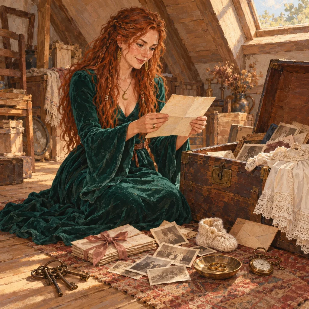 Rose, assise dans un grenier ensoleillé, lit une vieille lettre de famille près d'une malle de photos et de souvenirs