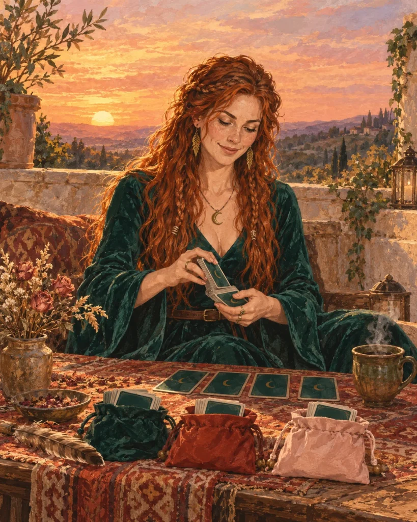 Rose tire les cartes d'oracle sur une terrasse au coucher du soleil, devant trois pochettes en tissu