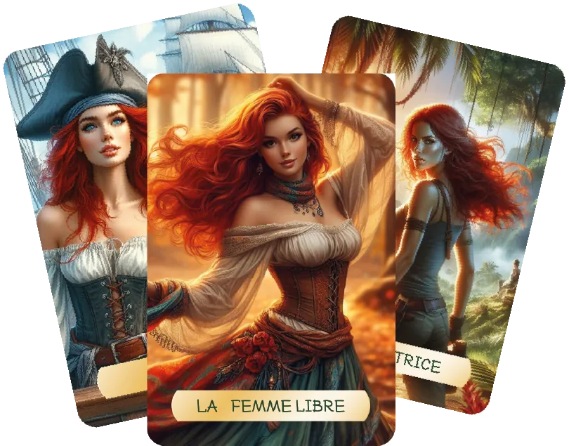 Trois cartes de l'Oracle des Archétypes, dont « La Femme Libre »