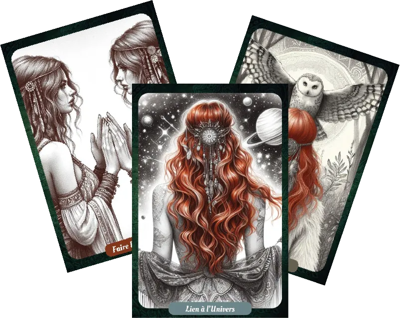 Trois cartes de l'Oracle de la Bohémienne, dont « Lien à l'Univers »