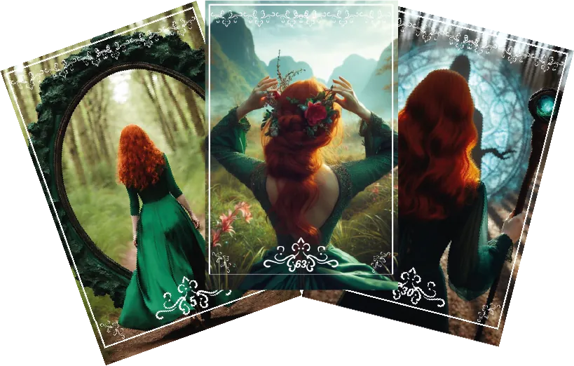 Trois cartes de l'Oracle de Rosea : une femme rousse en robe verte dans des paysages de montagne