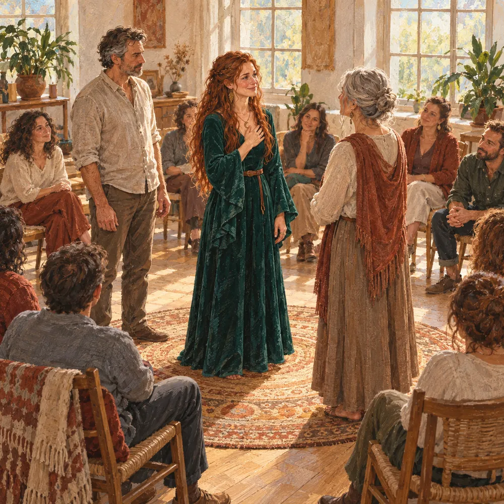 Atelier de constellation familiale : une femme rousse en robe de velours vert, main sur le cœur, fait face à une femme âgée au centre d'un cercle de participants