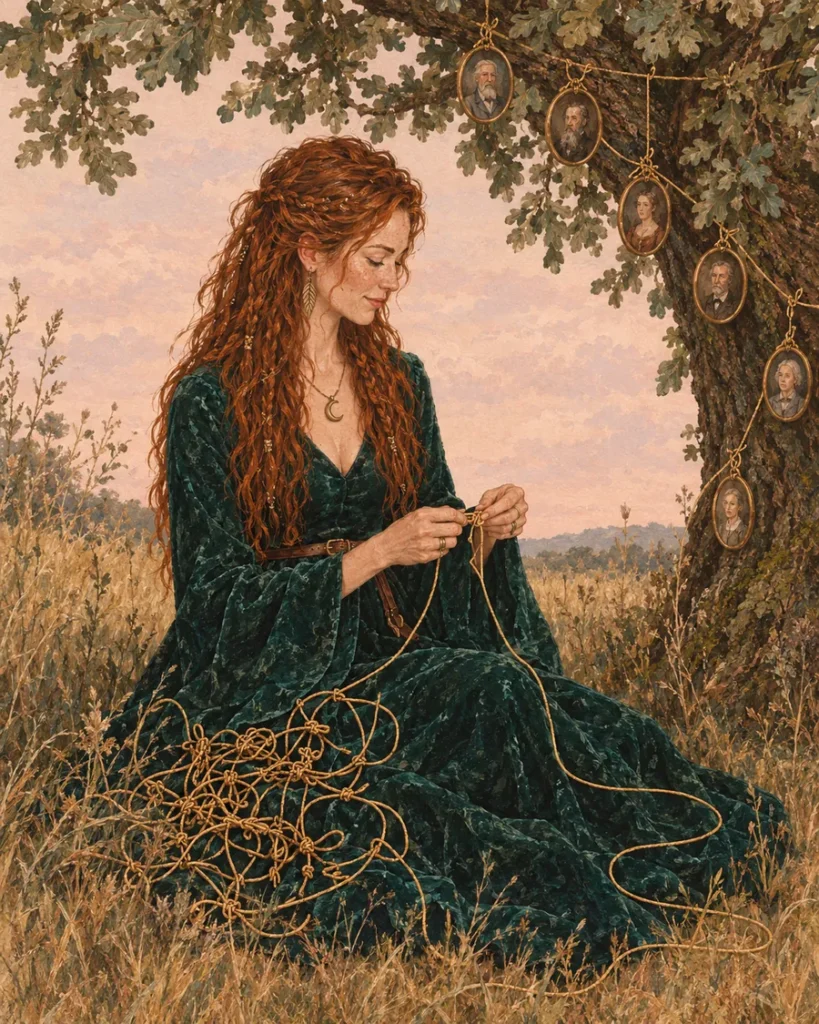 Une femme rousse en robe de velours vert, assise sous un chêne, dénoue un fil doré qui relie les portraits de ses ancêtres