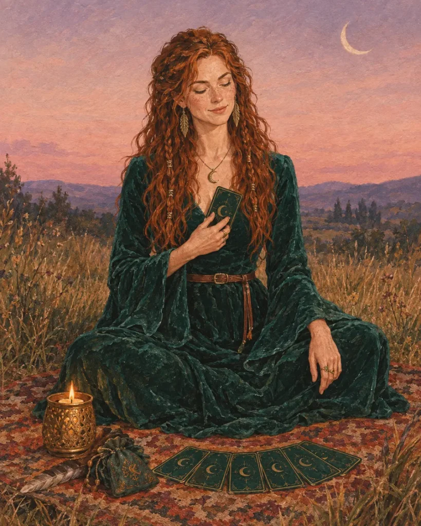 Une femme rousse en robe de velours vert, assise sur un tapis au crépuscule, tient une carte d'oracle contre son cœur, les yeux fermés