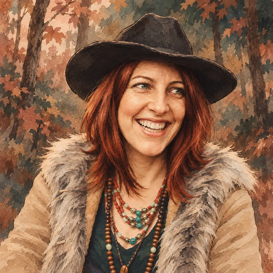 Portrait peint de Virginie, souriante, chapeau noir, manteau en fourrure et colliers bohèmes, dans une forêt d'automne